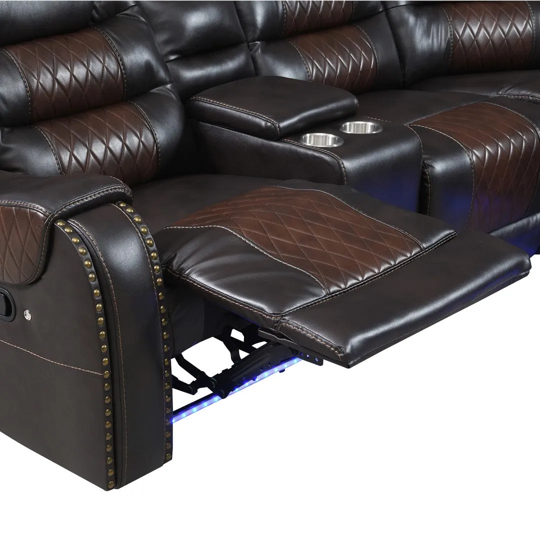 112.2" Manual Reclining Sectional Sofa Set L Shaped with Storage, 4 Cup Holders, LED Light Strip, Brown