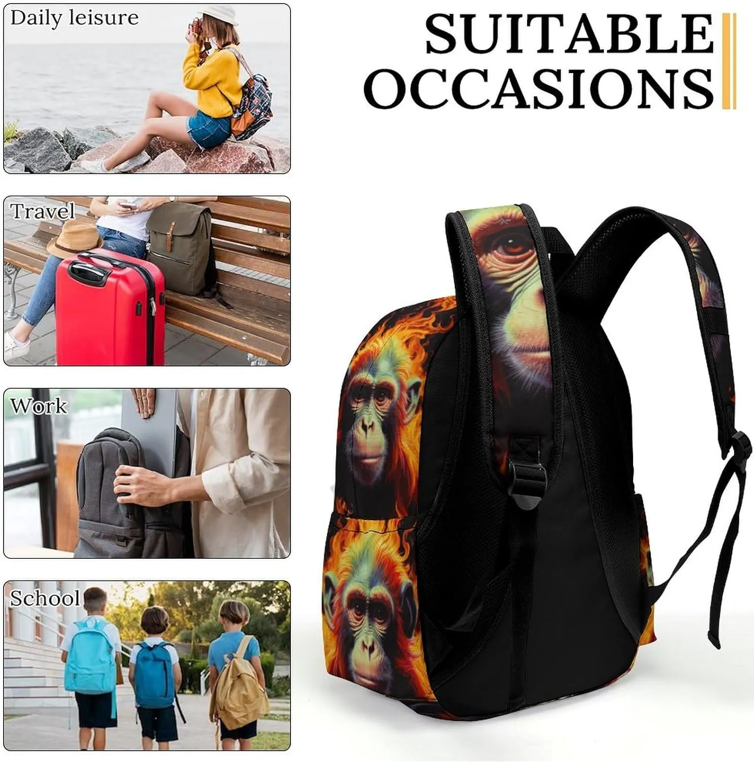 16 Inch Backpack Colorful 3D Monkey Backpack School Bookbag Laptop Shoulder Bag Casual Daypack