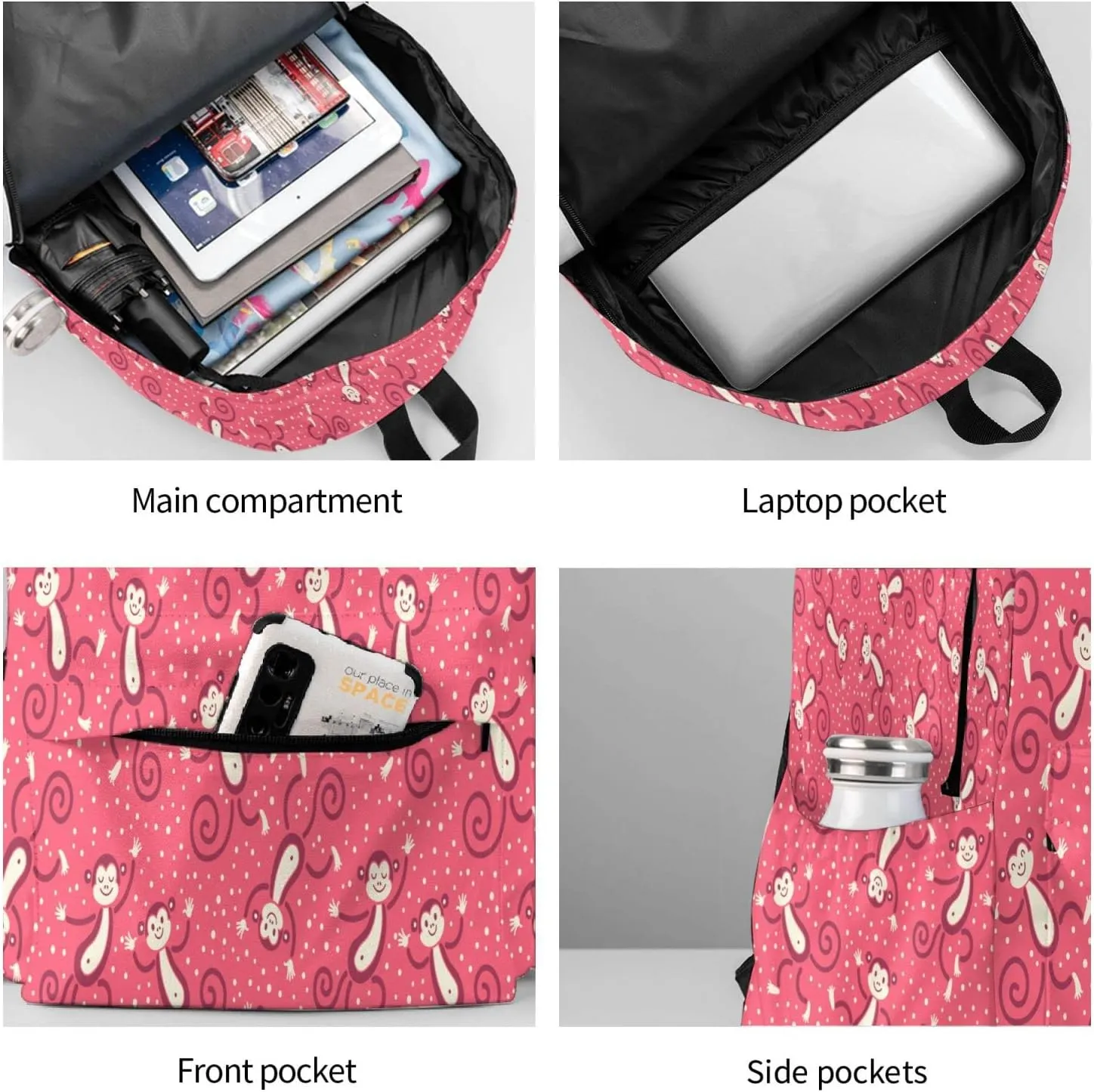 17 inch Backpack Childish Pink Monkeys Play Snow Laptop Backpack School Bookbag Shoulder Bag Casual Daypack