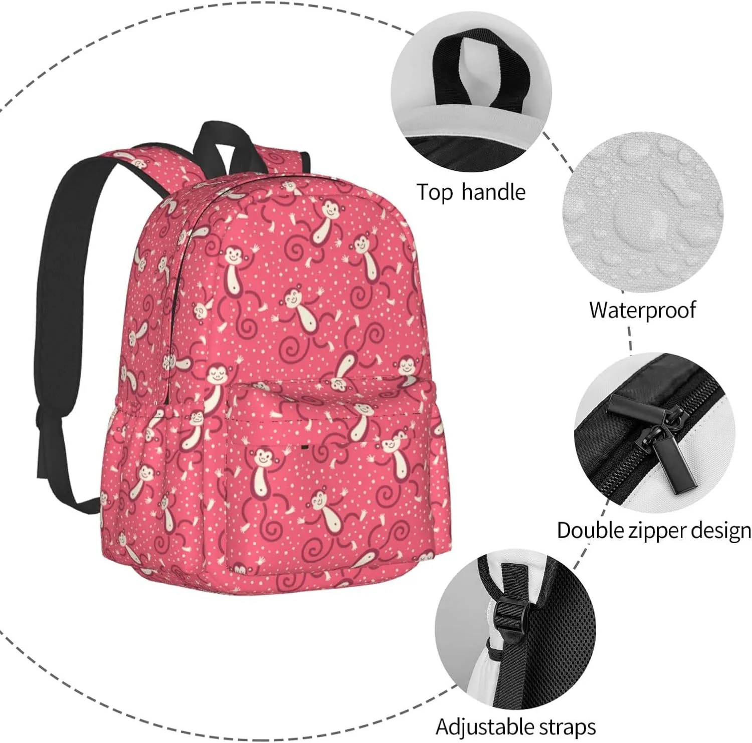 17 inch Backpack Childish Pink Monkeys Play Snow Laptop Backpack School Bookbag Shoulder Bag Casual Daypack
