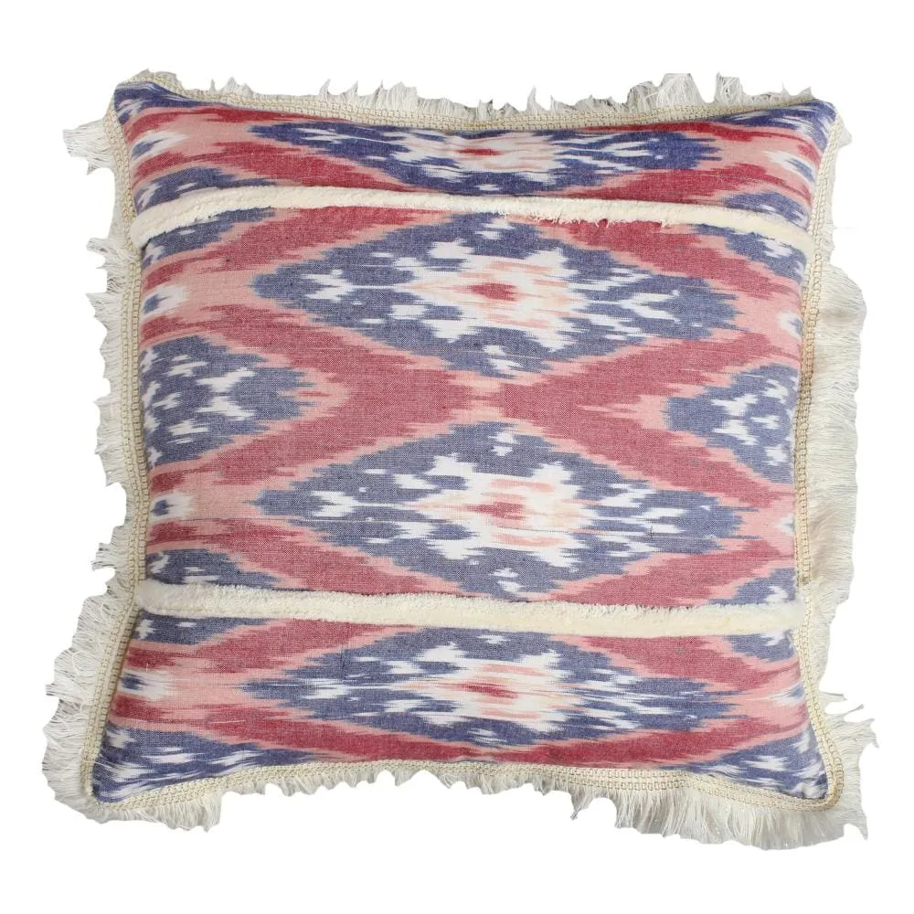 18 x 18 Handcrafted Square Cotton Accent Throw Pillow, Floral Ikat Dyed Pattern, Fringe Accent, Set of 2, Multicolor By The Urban Port