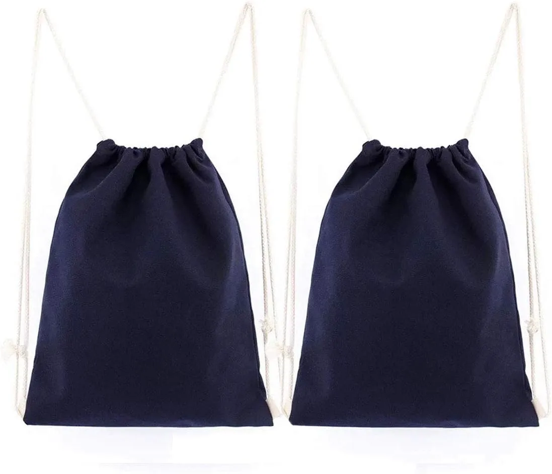 2-pack Cotton Canvas Drawstring Backpack Bag Gym Sackpack String Sack Pack Bags, 13.3 x 15.7 inches, Blue