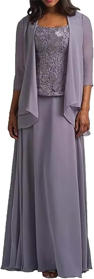 2-Pieces Mother of The Bride Dress with Jacket Long Mother of The Groom Dresses Laces Chiffon Formal Evening Gowns