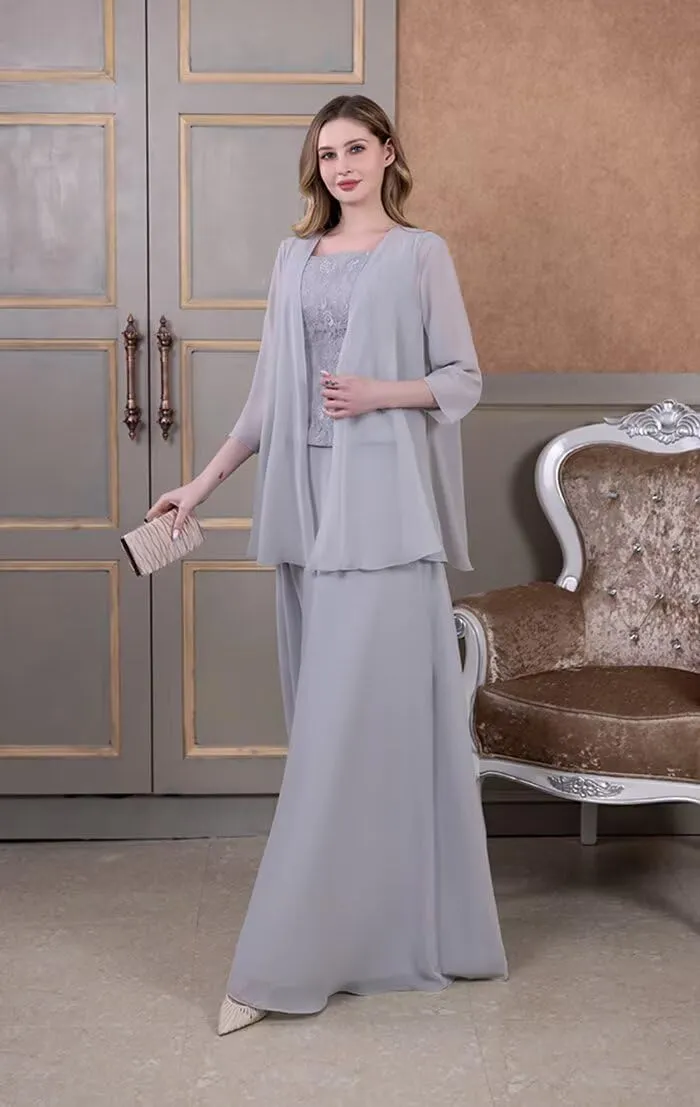 2-Pieces Mother of The Bride Dress with Jacket Long Mother of The Groom Dresses Laces Chiffon Formal Evening Gowns