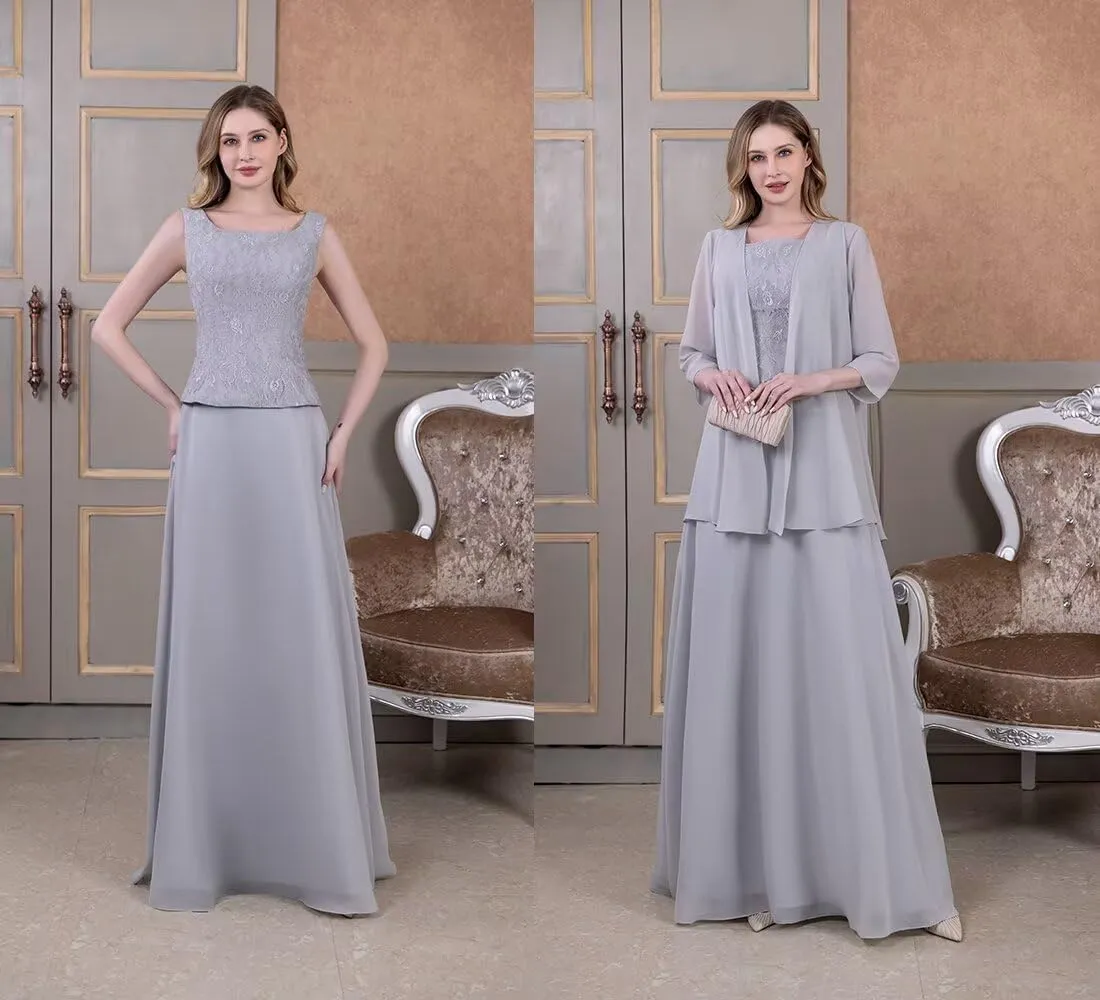 2-Pieces Mother of The Bride Dress with Jacket Long Mother of The Groom Dresses Laces Chiffon Formal Evening Gowns