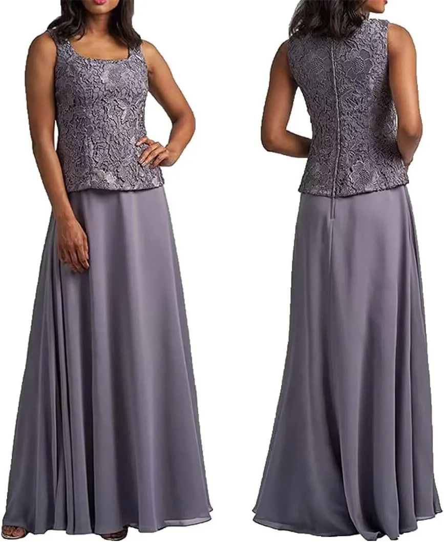 2-Pieces Mother of The Bride Dress with Jacket Long Mother of The Groom Dresses Laces Chiffon Formal Evening Gowns