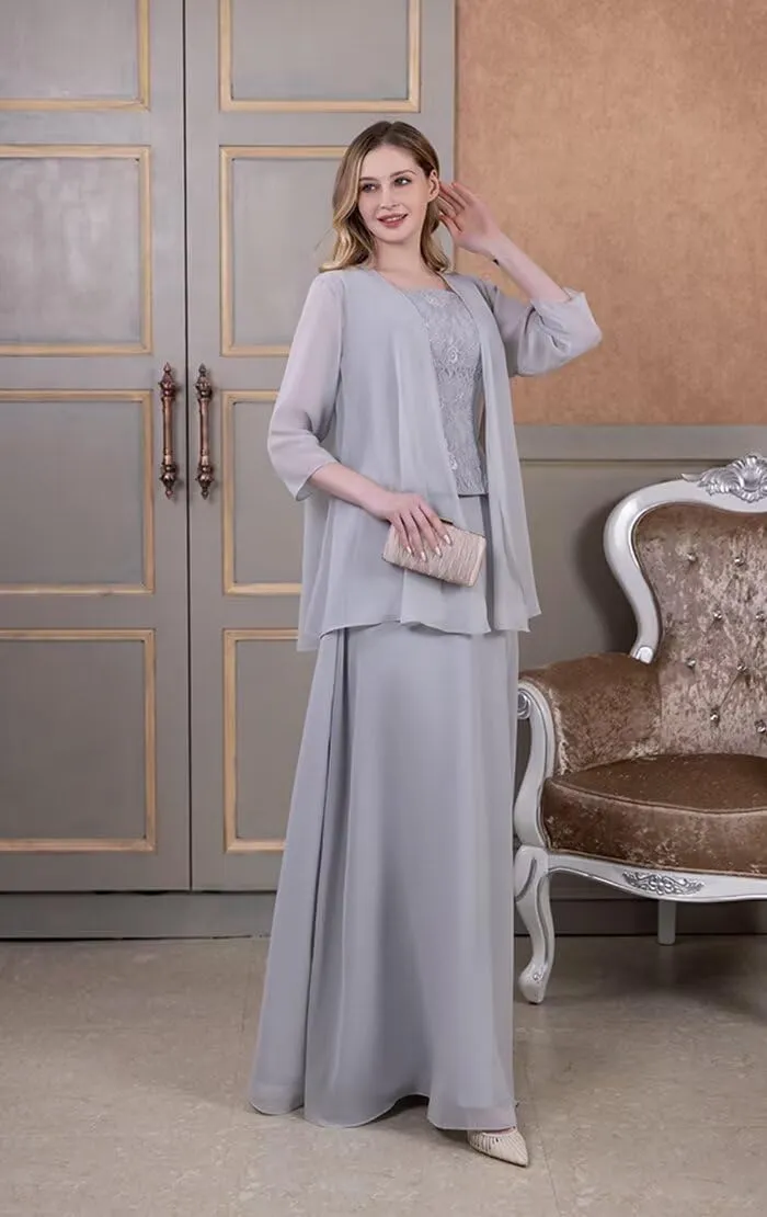 2-Pieces Mother of The Bride Dress with Jacket Long Mother of The Groom Dresses Laces Chiffon Formal Evening Gowns