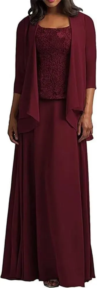 2-Pieces Mother of The Bride Dress with Jacket Long Mother of The Groom Dresses Laces Chiffon Formal Evening Gowns