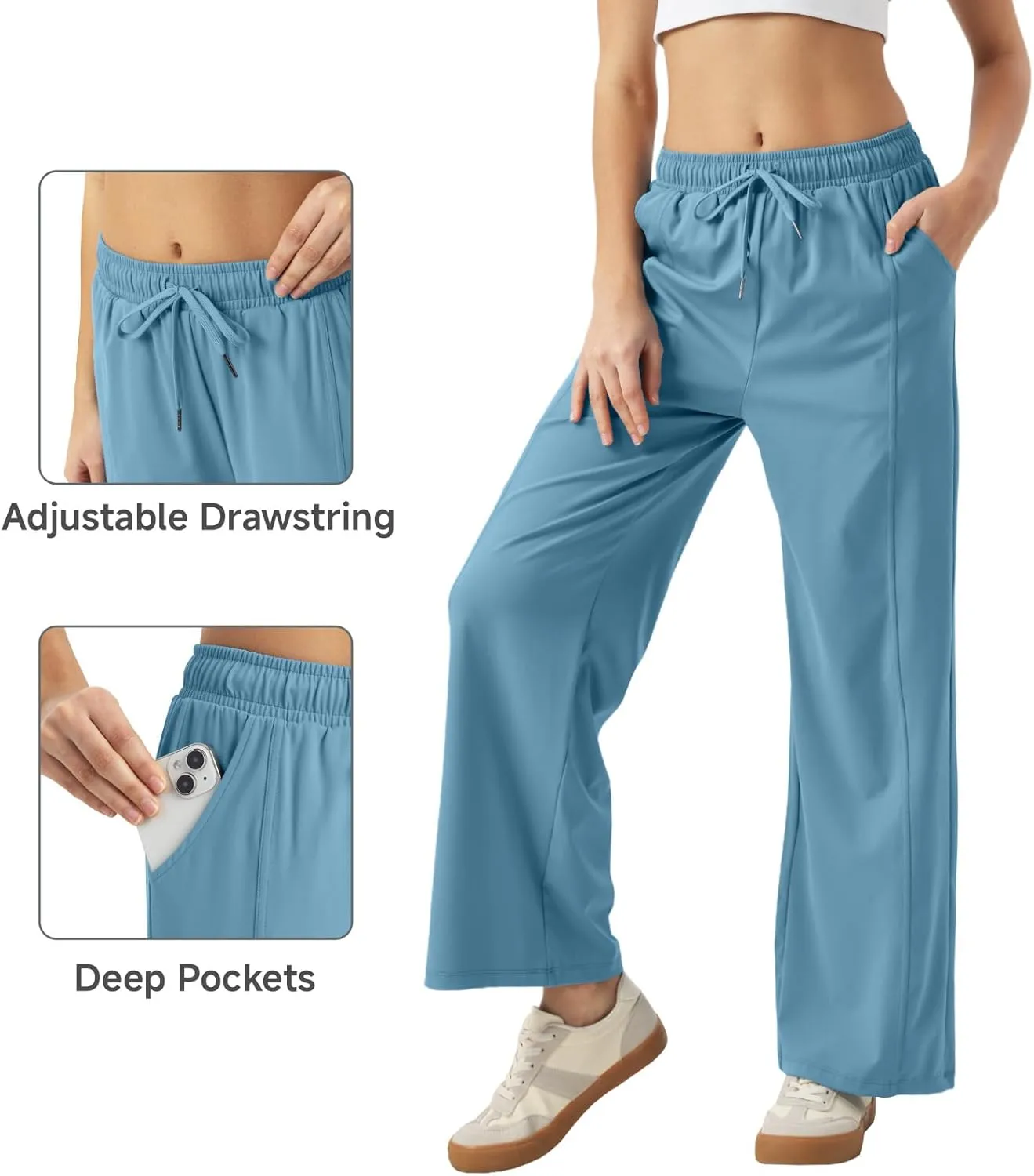 26"/28"/30" Inseam Womens Summer Pants Cool Thin Petite Sweatpants Wide Leg Elastic Waist Loose Lightweight with Pocket UPF50