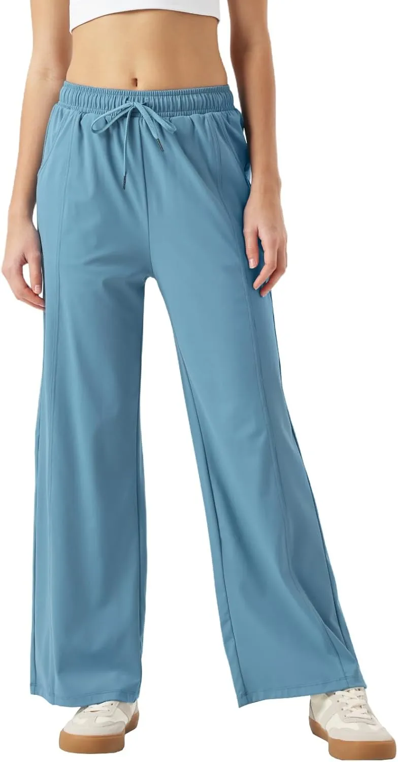 26"/28"/30" Inseam Womens Summer Pants Cool Thin Petite Sweatpants Wide Leg Elastic Waist Loose Lightweight with Pocket UPF50