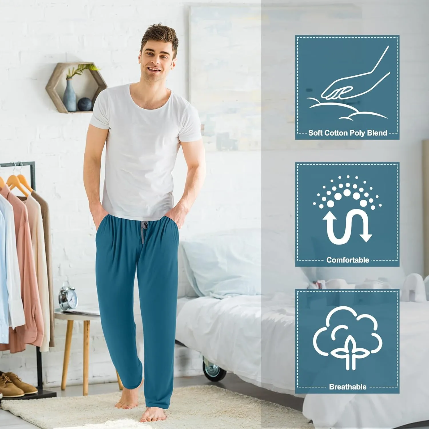 3 Pack Mens Cotton Sleepwear Pajamas Pants with Pockets Soft Sleep Lounge Bottoms Sleep Pj Bottoms for Men