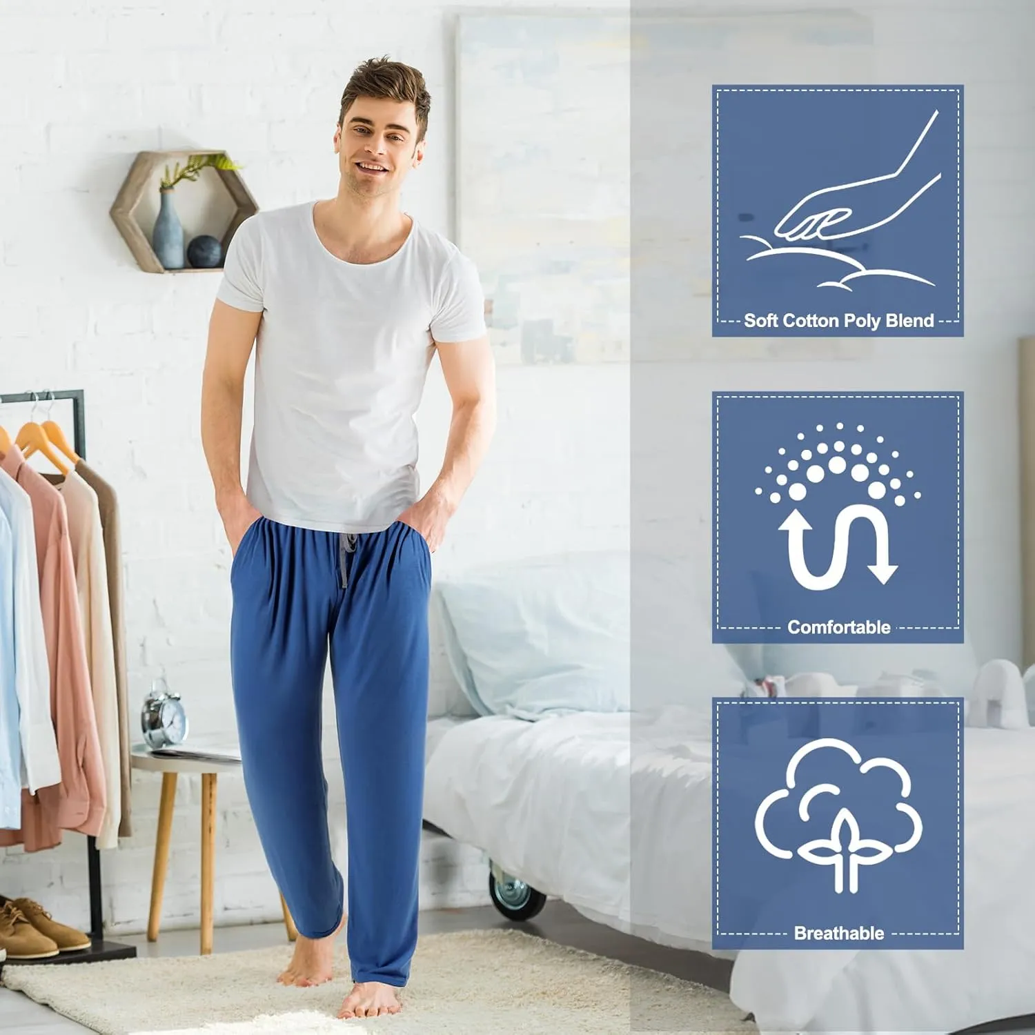 3 Pack Mens Cotton Sleepwear Pajamas Pants with Pockets Soft Sleep Lounge Bottoms Sleep Pj Bottoms for Men