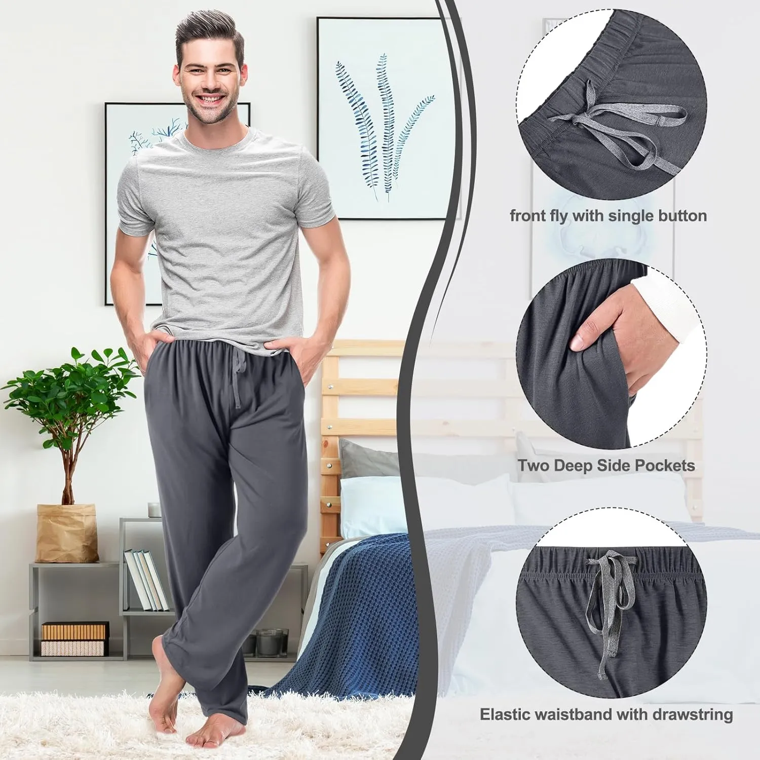 3 Pack Mens Cotton Sleepwear Pajamas Pants with Pockets Soft Sleep Lounge Bottoms Sleep Pj Bottoms for Men