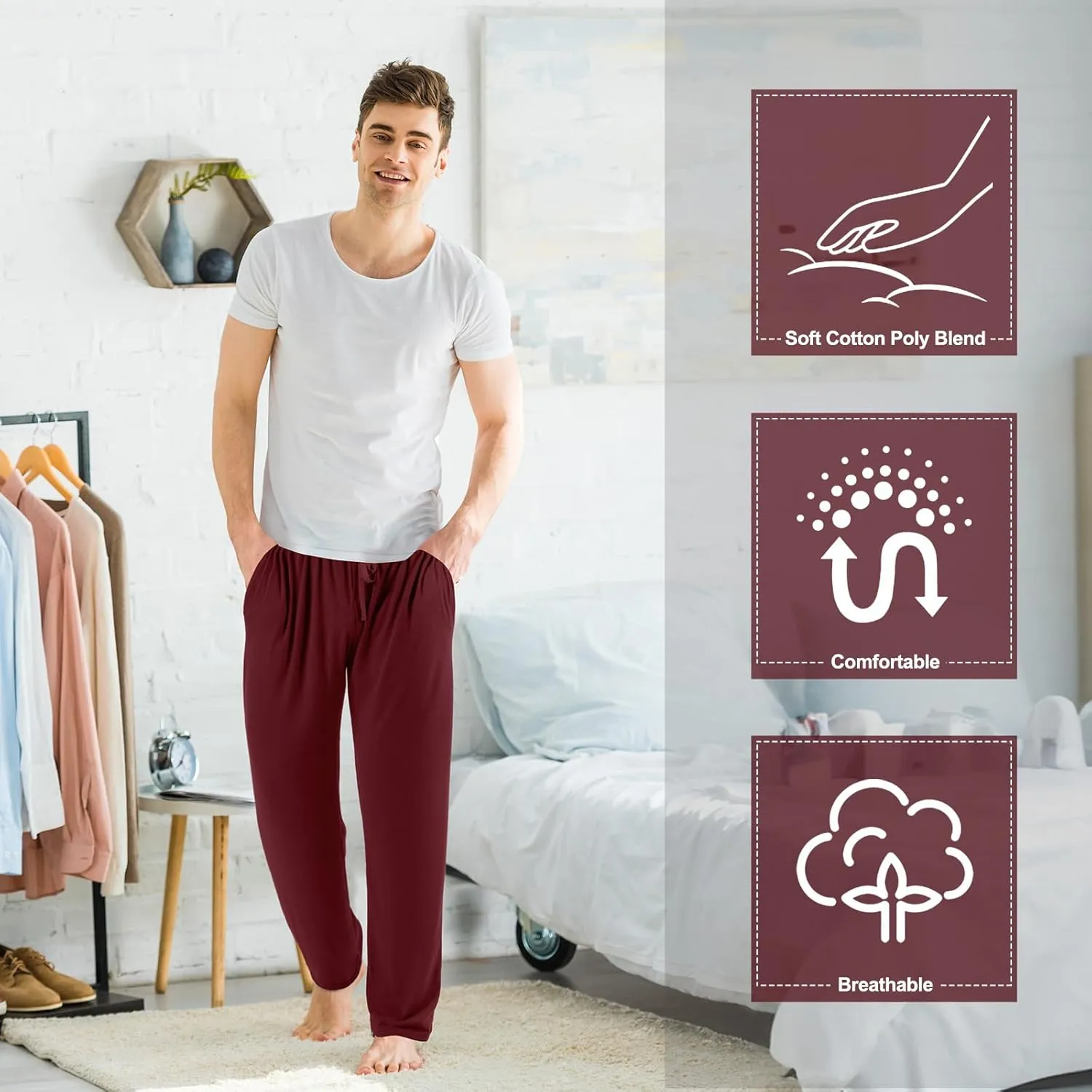 3 Pack Mens Cotton Sleepwear Pajamas Pants with Pockets Soft Sleep Lounge Bottoms Sleep Pj Bottoms for Men