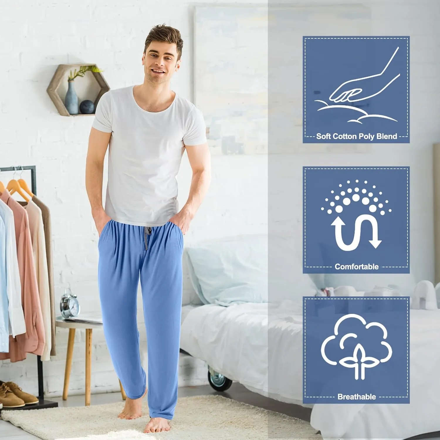 3 Pack Mens Cotton Sleepwear Pajamas Pants with Pockets Soft Sleep Lounge Bottoms Sleep Pj Bottoms for Men