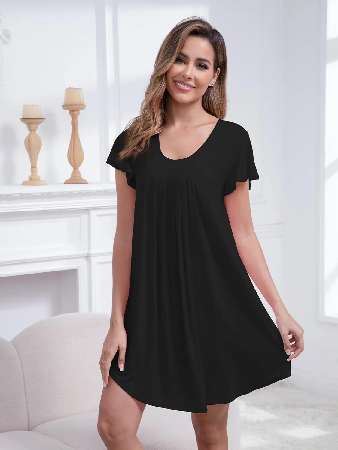 3 Pack Nightgowns for Women Soft Sleep Shirt Flare Short Sleeve Sleepwear Pleated Loungewear