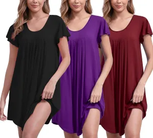 3 Pack Nightgowns for Women Soft Sleep Shirt Flare Short Sleeve Sleepwear Pleated Loungewear