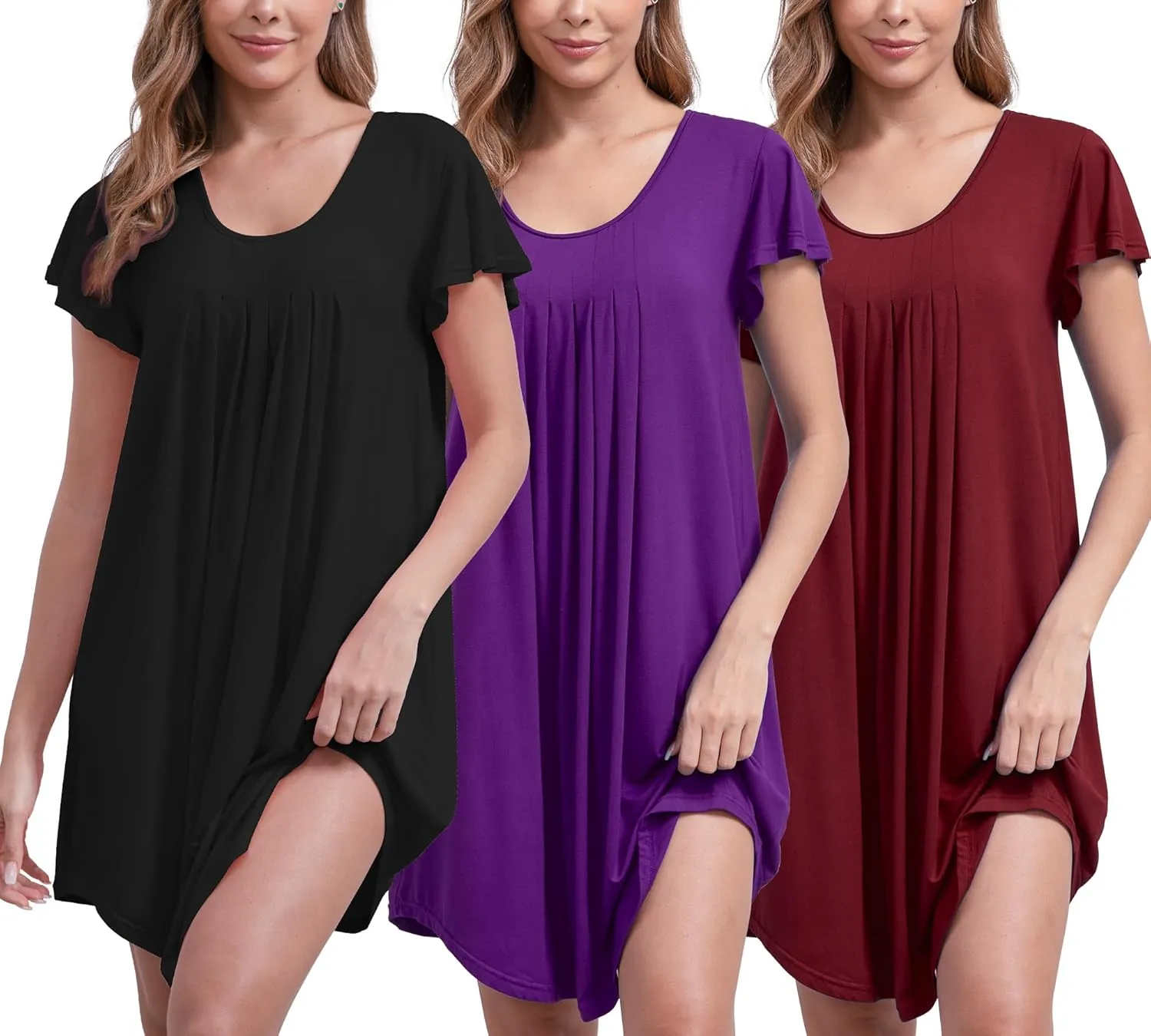 3 Pack Nightgowns for Women Soft Sleep Shirt Flare Short Sleeve Sleepwear Pleated Loungewear