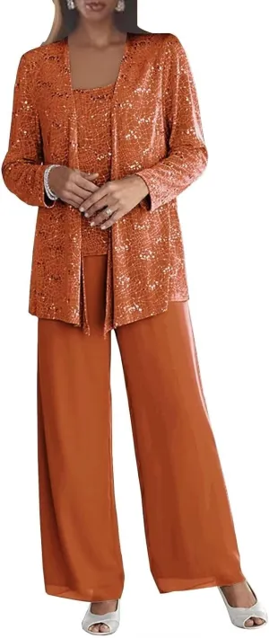 3 Pcs Pant Suit for Women Dressy Wedding Sparkly Sequins Long Sleeve Formal Outfit with Jacket