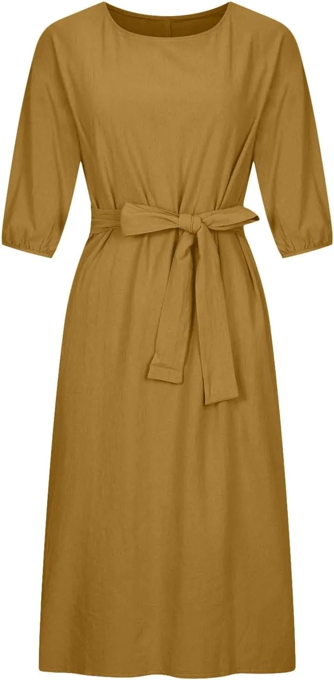 3/4 Sleeve Linen Dress for Women Tie Waist Midi Dress Casual Plus Size Summer Dresses Trendy Beach Vacation Outfits