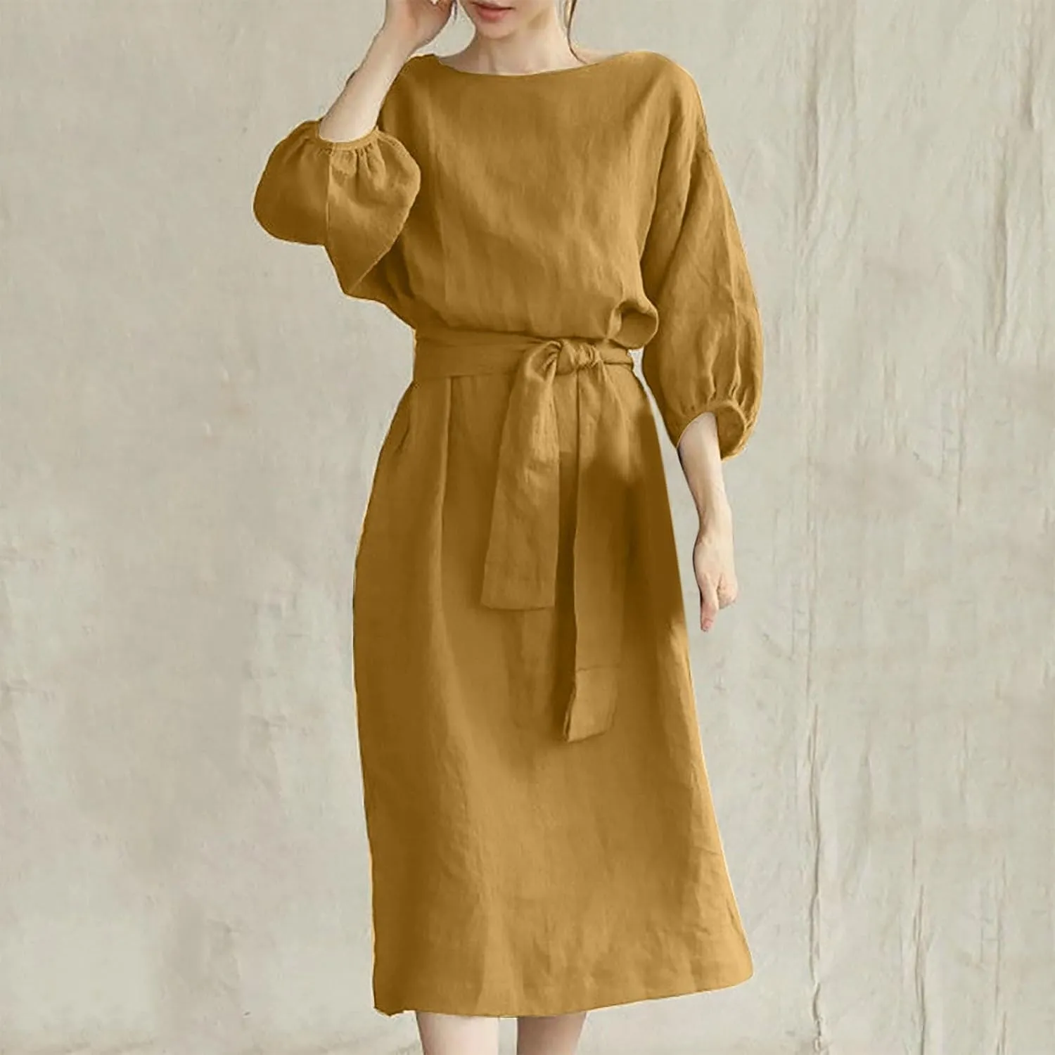 3/4 Sleeve Linen Dress for Women Tie Waist Midi Dress Casual Plus Size Summer Dresses Trendy Beach Vacation Outfits