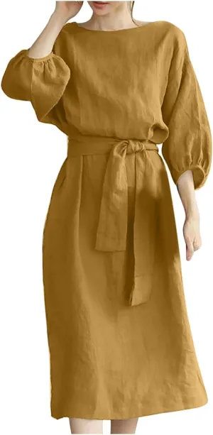 3/4 Sleeve Linen Dress for Women Tie Waist Midi Dress Casual Plus Size Summer Dresses Trendy Beach Vacation Outfits