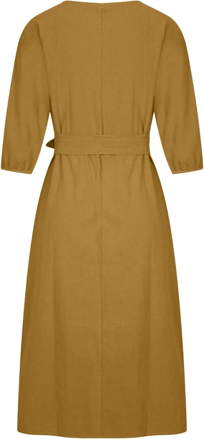 3/4 Sleeve Linen Dress for Women Tie Waist Midi Dress Casual Plus Size Summer Dresses Trendy Beach Vacation Outfits