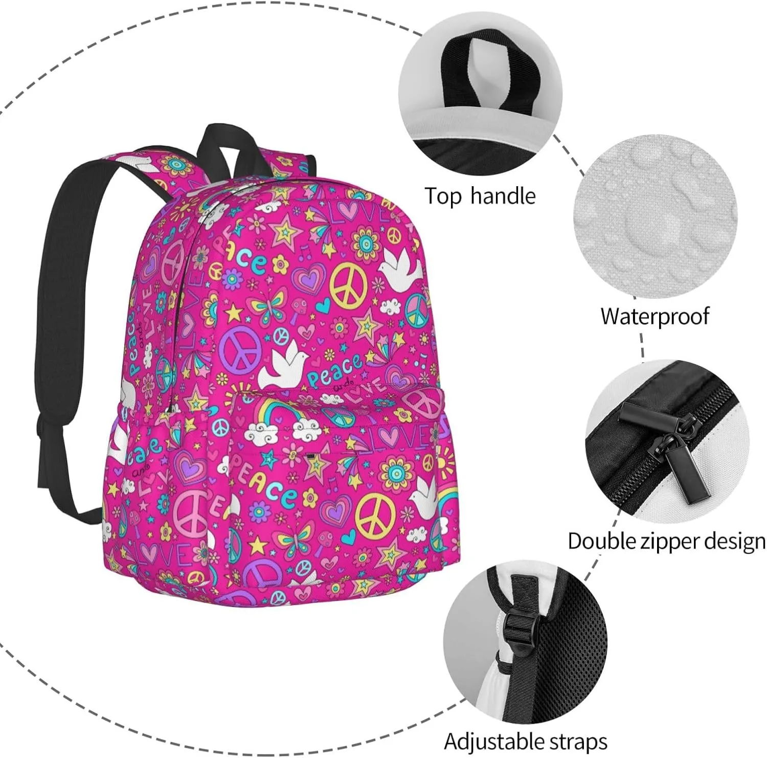 60s 70s Hippie Flowers Peace Sign Love Symbol Laptop Commuter Backpack Shoulder Bag Casual Back Pack Daypack Bags With Side Pockets For Work Travel Daily Use