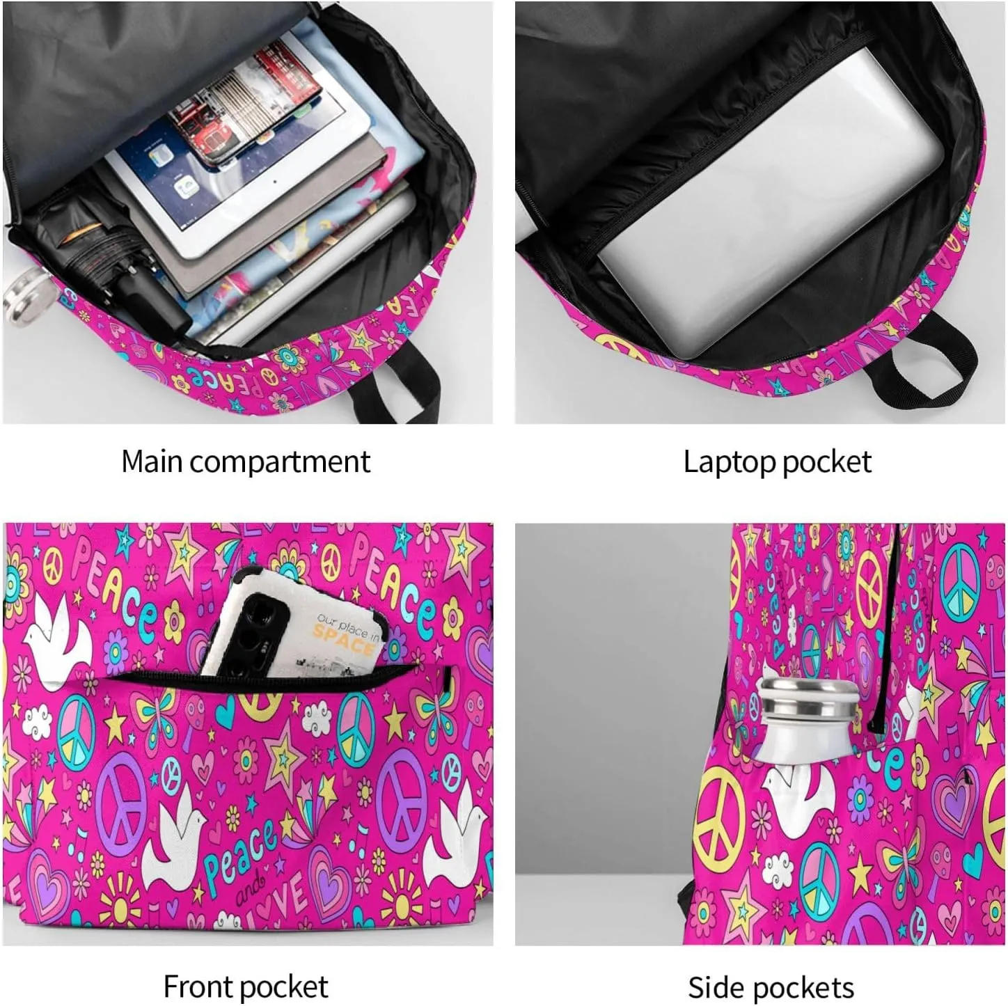 60s 70s Hippie Flowers Peace Sign Love Symbol Laptop Commuter Backpack Shoulder Bag Casual Back Pack Daypack Bags With Side Pockets For Work Travel Daily Use