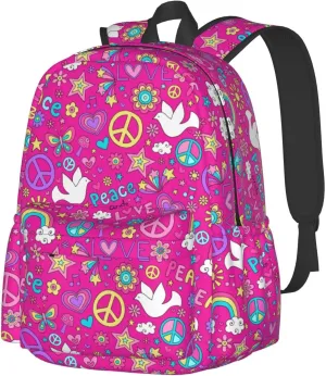 60s 70s Hippie Flowers Peace Sign Love Symbol Laptop Commuter Backpack Shoulder Bag Casual Back Pack Daypack Bags With Side Pockets For Work Travel Daily Use