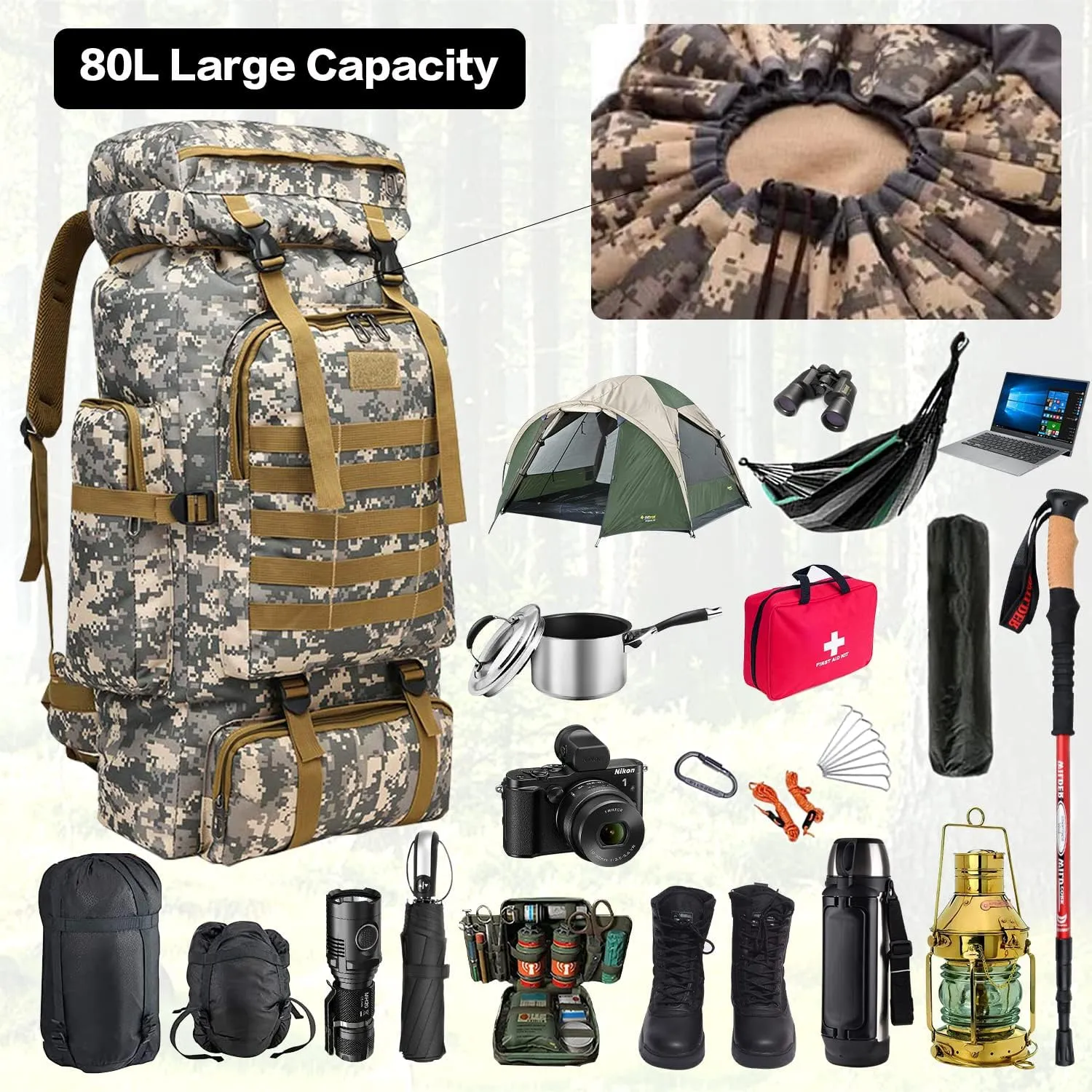 70L 80L Tactical Backpack Waterproof For Men Hiking Camping Military Backpacking Backpack Tactical Rucksack Travel Hunting Survival Waterproof Large Backpack (City Brown)