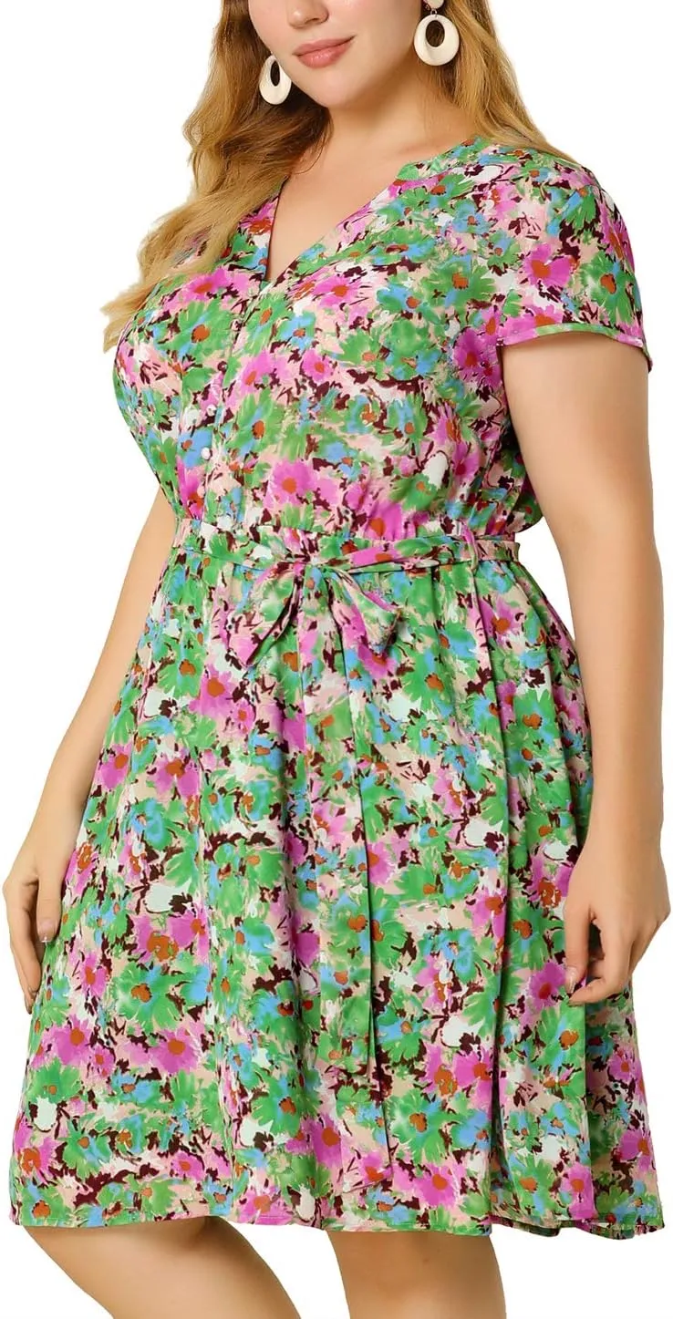 Agnes Orinda Dresses for Women Plus Size 2024 V Neck Short Sleeve Tie Waist Sundress Summer Casual Midi Dress