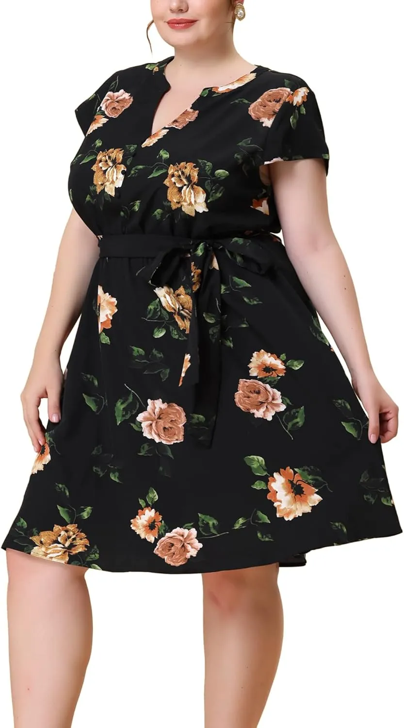 Agnes Orinda Dresses for Women Plus Size 2024 V Neck Short Sleeve Tie Waist Sundress Summer Casual Midi Dress