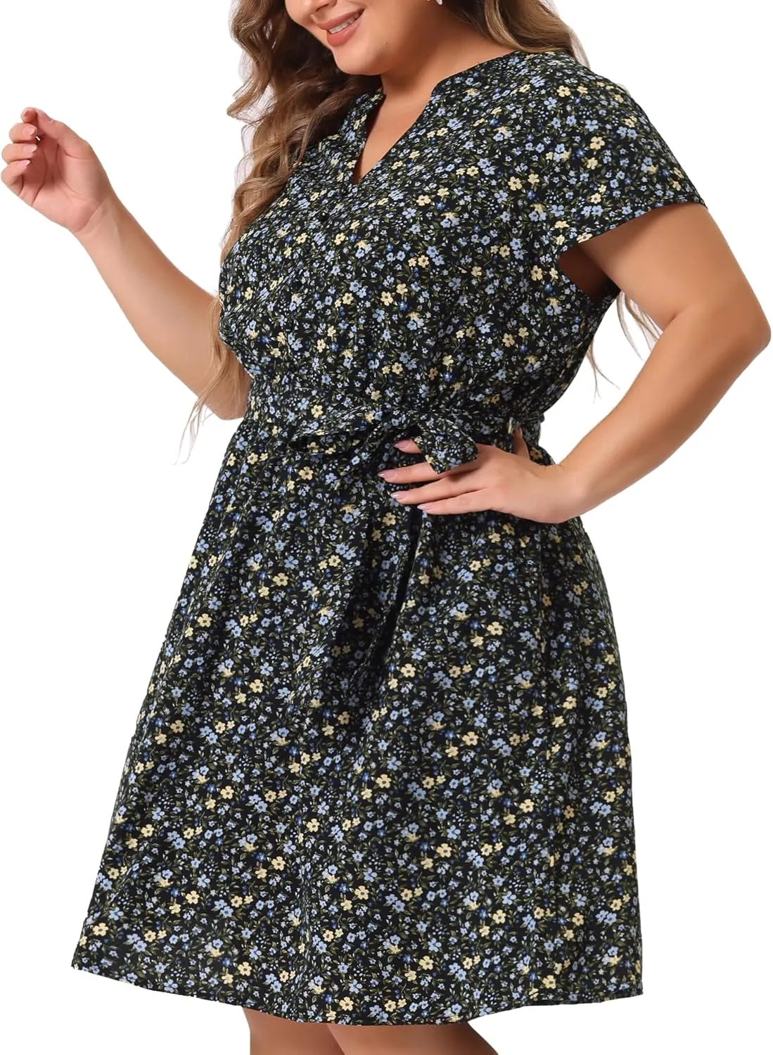 Agnes Orinda Dresses for Women Plus Size 2024 V Neck Short Sleeve Tie Waist Sundress Summer Casual Midi Dress