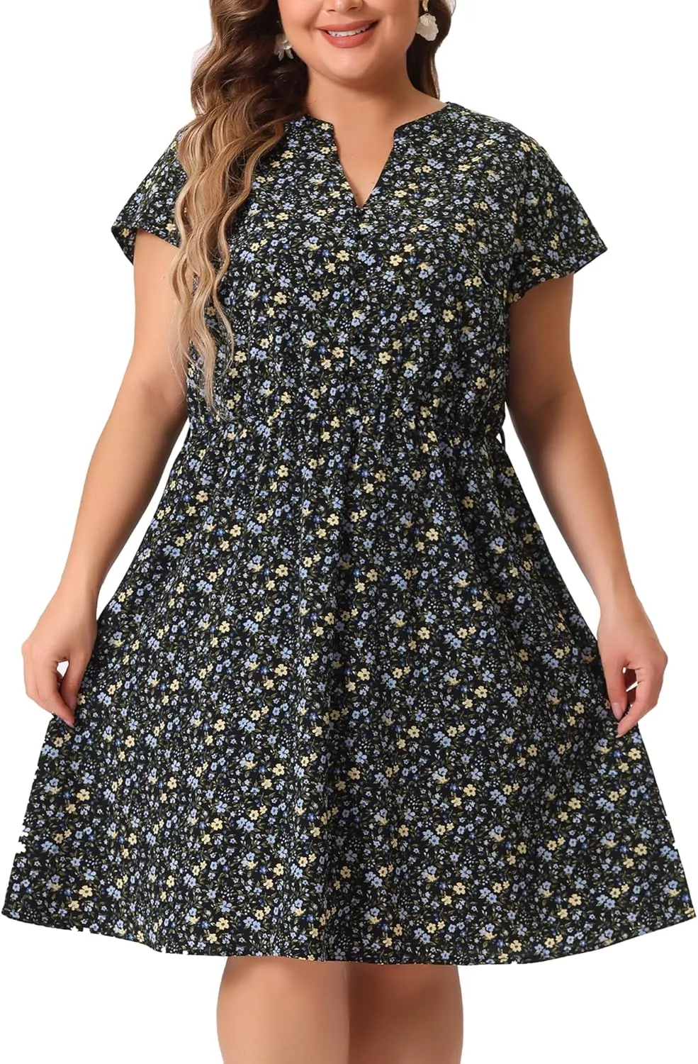 Agnes Orinda Dresses for Women Plus Size 2024 V Neck Short Sleeve Tie Waist Sundress Summer Casual Midi Dress