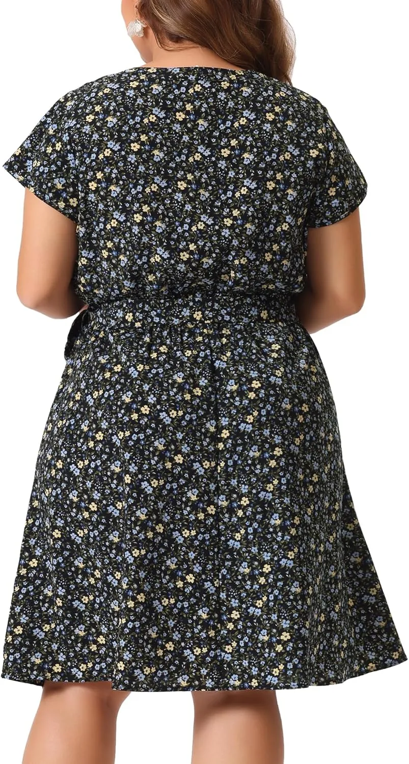 Agnes Orinda Dresses for Women Plus Size 2024 V Neck Short Sleeve Tie Waist Sundress Summer Casual Midi Dress