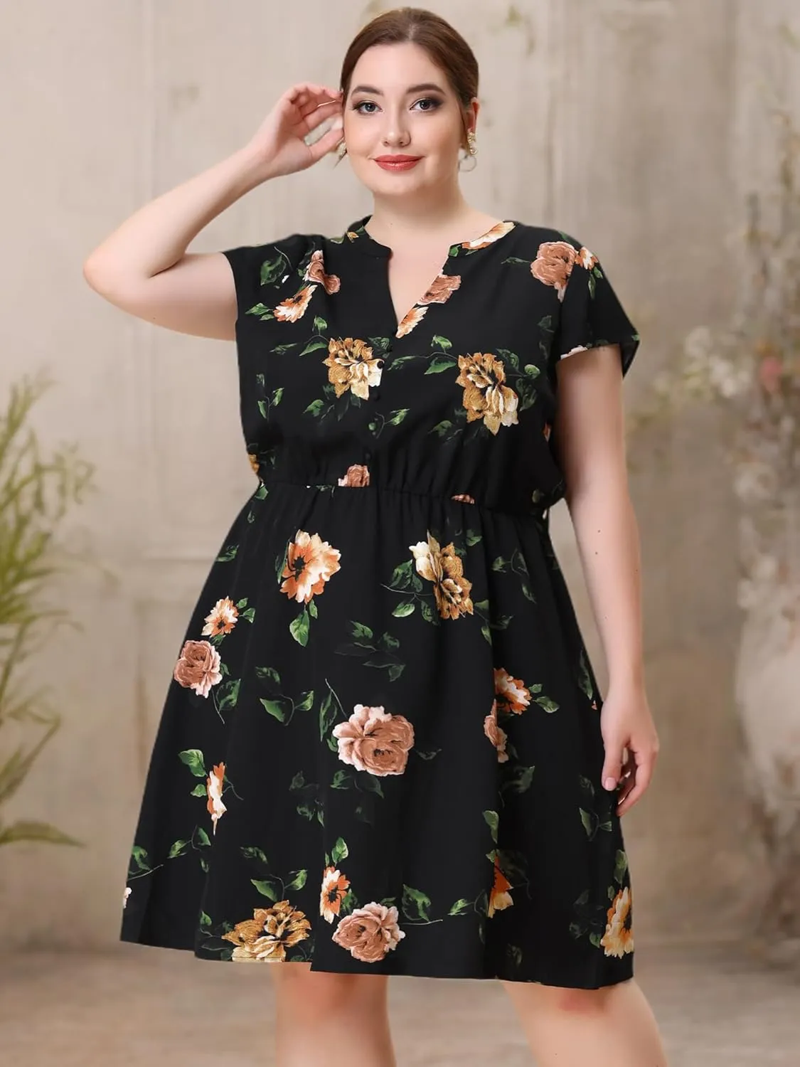 Agnes Orinda Dresses for Women Plus Size 2024 V Neck Short Sleeve Tie Waist Sundress Summer Casual Midi Dress