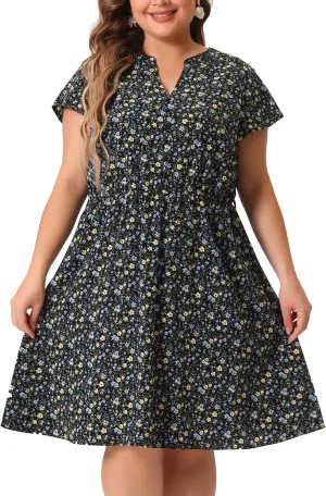 Agnes Orinda Dresses for Women Plus Size 2024 V Neck Short Sleeve Tie Waist Sundress Summer Casual Midi Dress