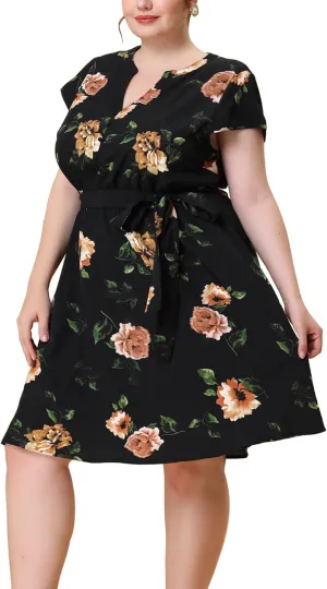 Agnes Orinda Dresses for Women Plus Size 2024 V Neck Short Sleeve Tie Waist Sundress Summer Casual Midi Dress