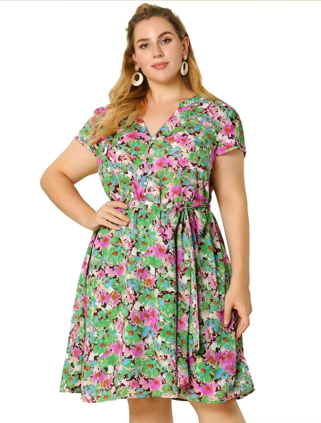 Agnes Orinda Dresses for Women Plus Size 2024 V Neck Short Sleeve Tie Waist Sundress Summer Casual Midi Dress