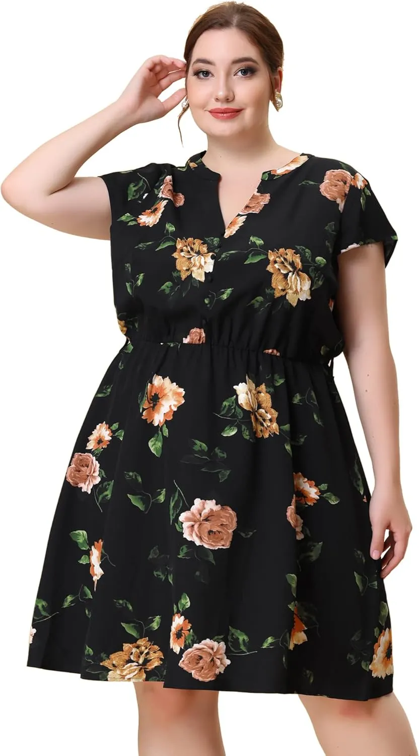 Agnes Orinda Dresses for Women Plus Size 2024 V Neck Short Sleeve Tie Waist Sundress Summer Casual Midi Dress