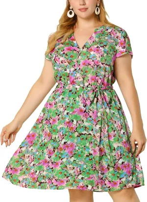 Agnes Orinda Dresses for Women Plus Size 2024 V Neck Short Sleeve Tie Waist Sundress Summer Casual Midi Dress