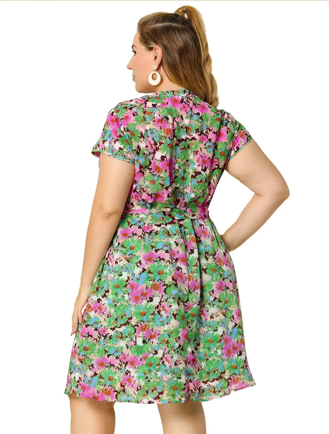 Agnes Orinda Dresses for Women Plus Size 2024 V Neck Short Sleeve Tie Waist Sundress Summer Casual Midi Dress
