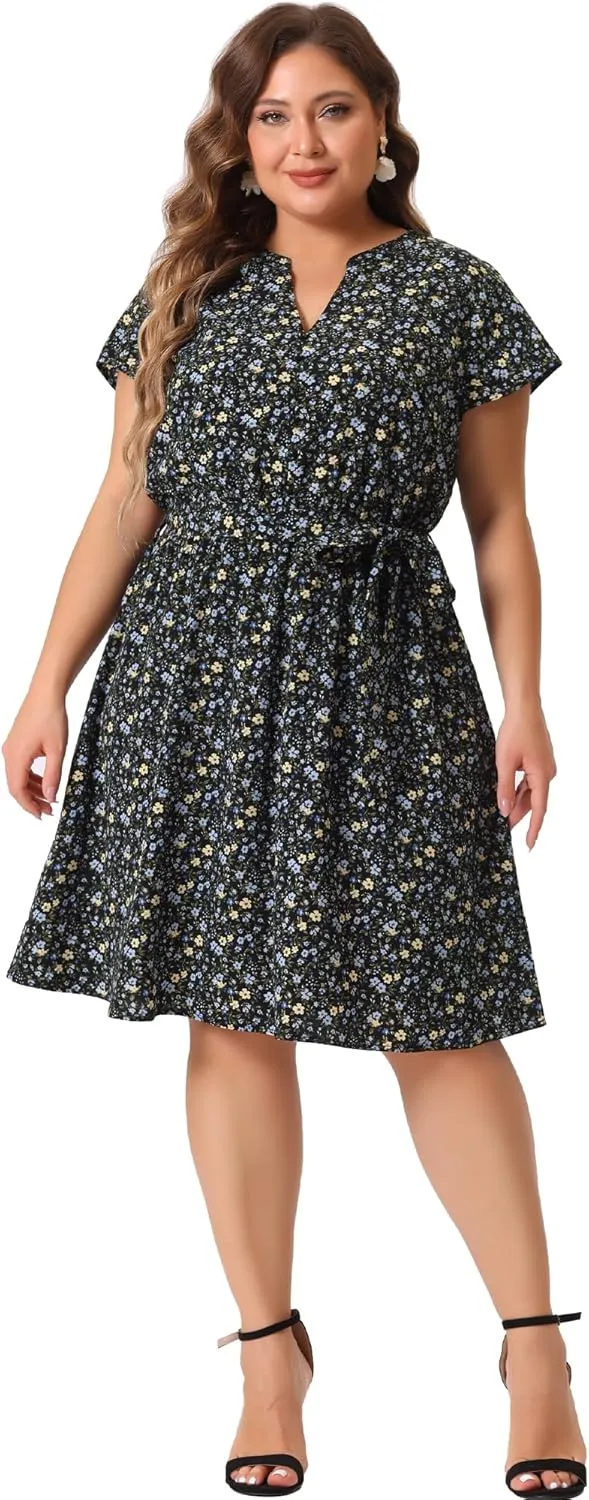 Agnes Orinda Dresses for Women Plus Size 2024 V Neck Short Sleeve Tie Waist Sundress Summer Casual Midi Dress
