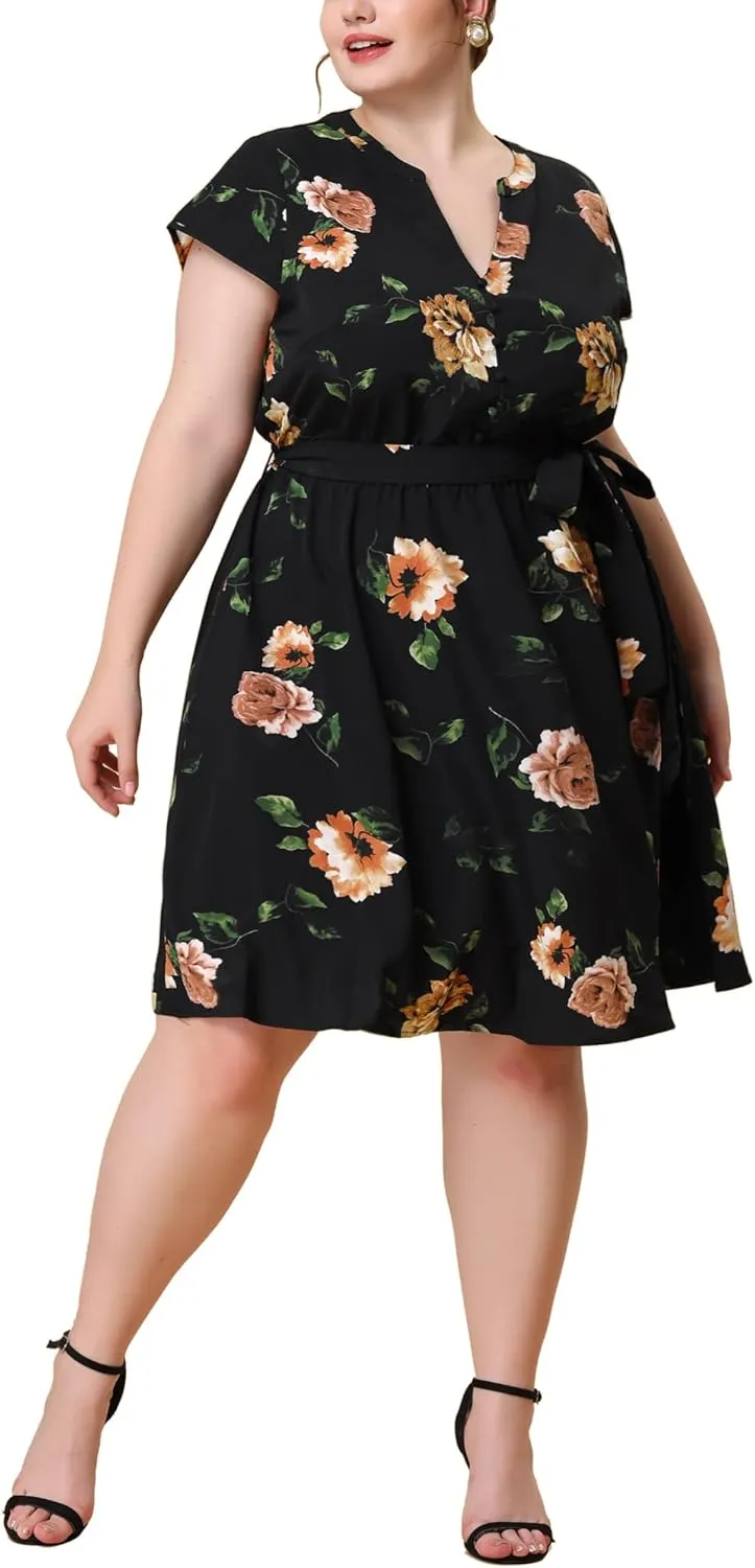 Agnes Orinda Dresses for Women Plus Size 2024 V Neck Short Sleeve Tie Waist Sundress Summer Casual Midi Dress