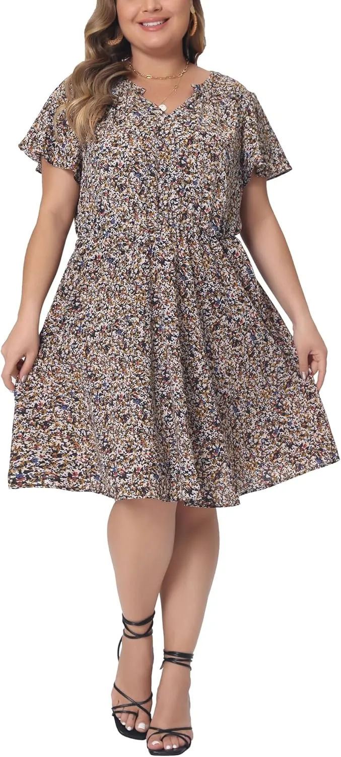 Agnes Orinda Plus Size Dress for Women Boho Floral Notched V Neck Ruffle Sleeve a Line Midi Dresses