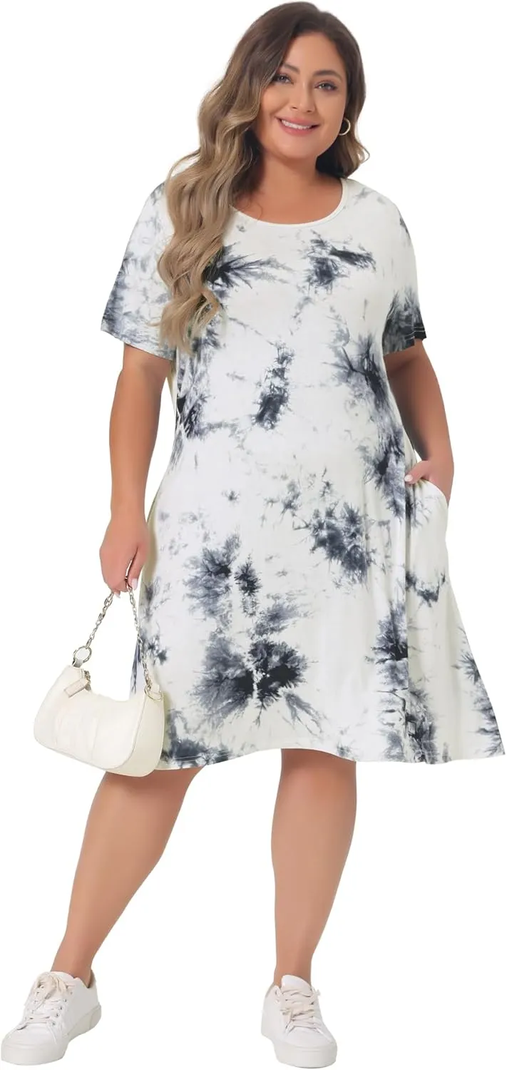 Agnes Orinda Plus Size Dress for Women Round Neck Tie Dye Short Sleeve Casual Midi Dresses 2024