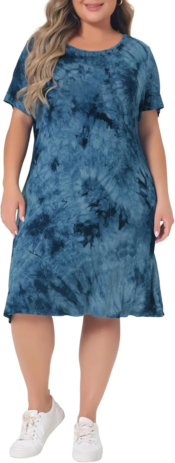 Agnes Orinda Plus Size Dress for Women Round Neck Tie Dye Short Sleeve Casual Midi Dresses 2024