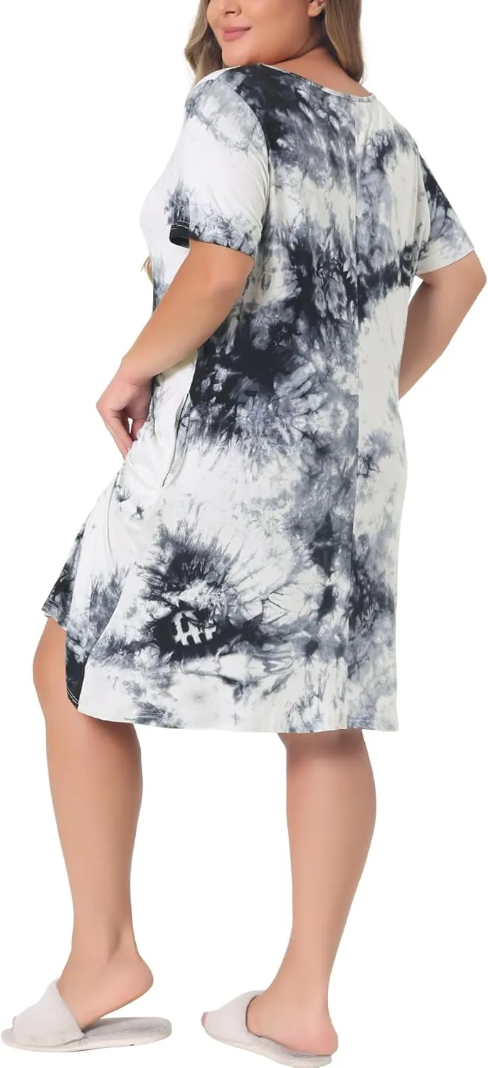 Agnes Orinda Plus Size Dress for Women Round Neck Tie Dye Short Sleeve Casual Midi Dresses 2024