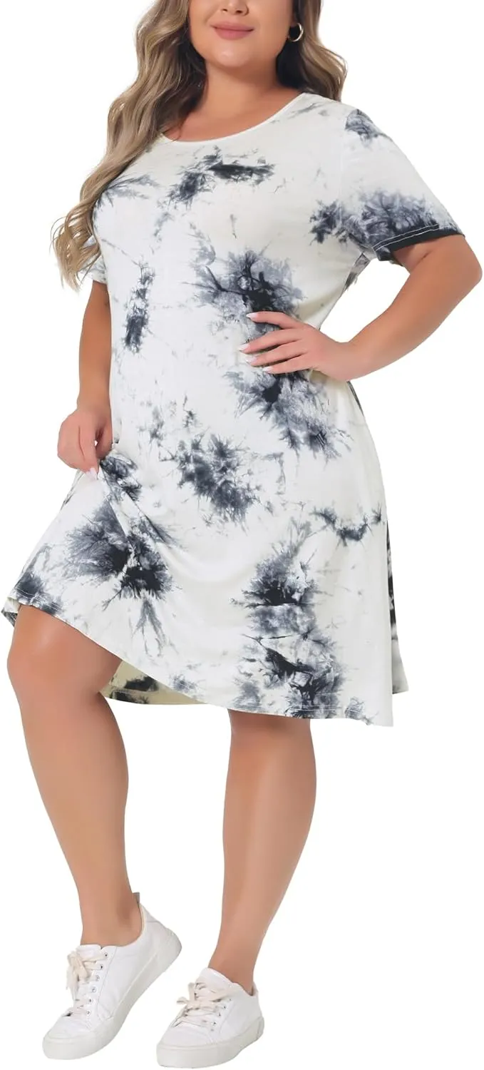 Agnes Orinda Plus Size Dress for Women Round Neck Tie Dye Short Sleeve Casual Midi Dresses 2024